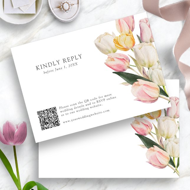 Cartão RSVP Código QR primavera (Spring Watercolor Tulips QR Code RSVP Card by Painted Paperie
)