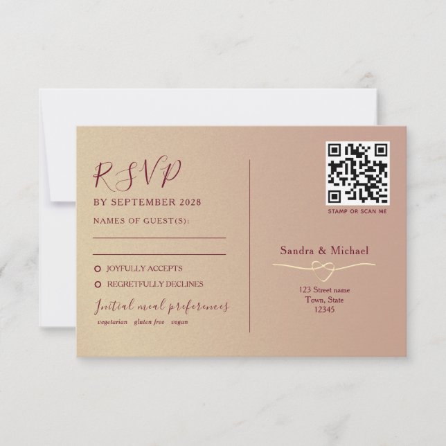 Cartão RSVP Código QR Romântico de Casamento com Função Dupla (Frente)