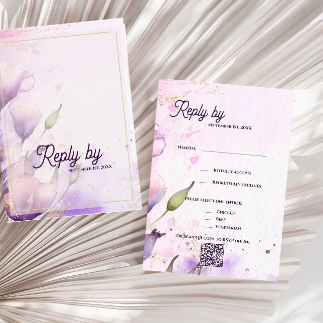 Cartão RSVP Código QR Romântico Lavanda Dourado Floral Casamen (Romantic QR Code Lavender Gold Floral Wedding RSVP Card)