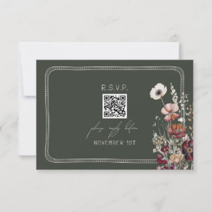 Cartão RSVP Código QR Rustic Anemone Floral Green Casamento RS