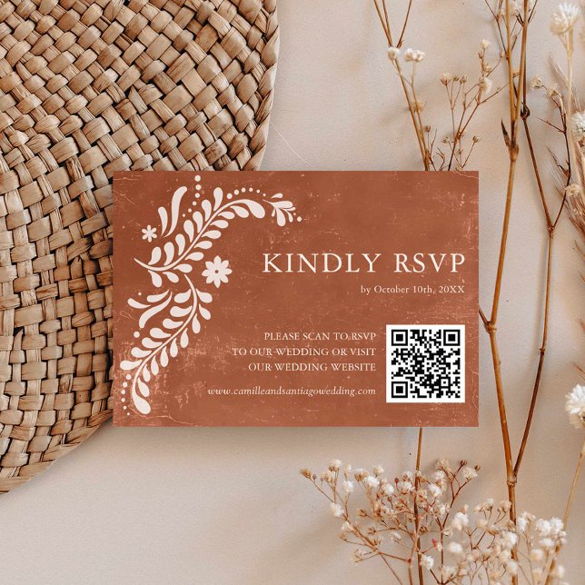 Cartão RSVP Código QR Rustic Mexicano Terracotta Weding (Terracotta Rustic Wedding QR Code Rsvp card)