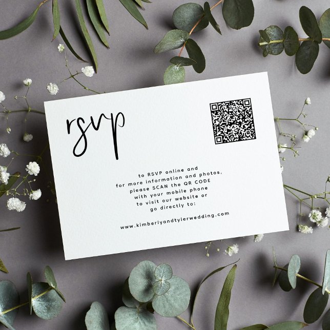 Cartão RSVP Código QR simples do casamento branco mínimo (Criador carregado)