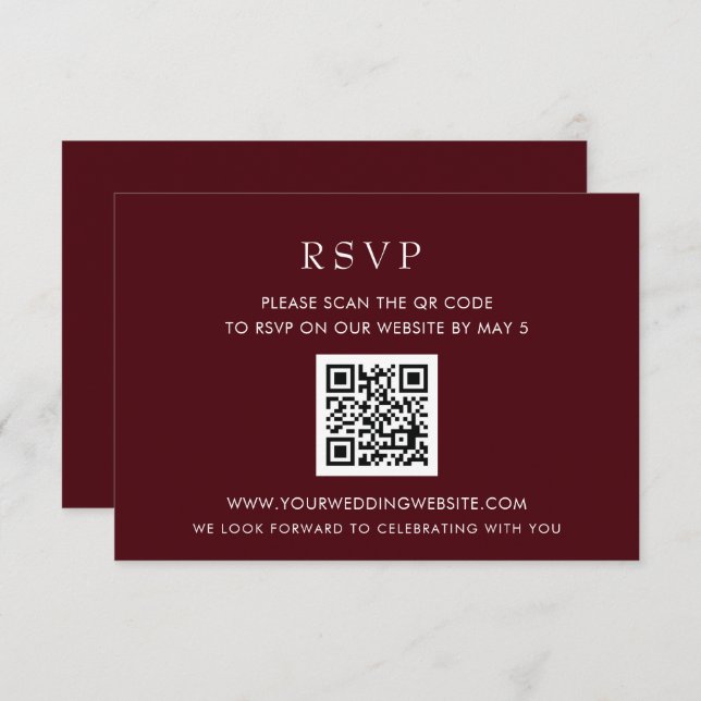 Cartão RSVP CÓDIGO QR Simples Elegante Moderno da Borgonha (Frente/Verso)