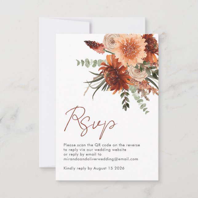 Cartão RSVP Código QR Simples Floral Aquarela Casamento (Frente)