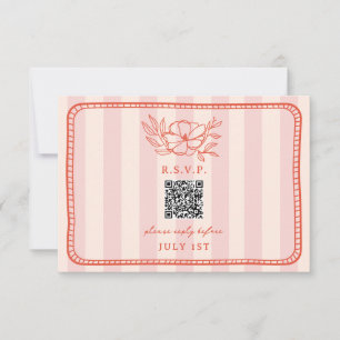 Cartão RSVP Código QR - Stripe Floral Cor-de-rosa Casamento Fl