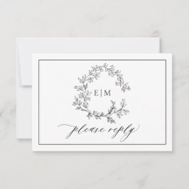Cartão RSVP Código QR White Black Leafy Crest Monograma Casame