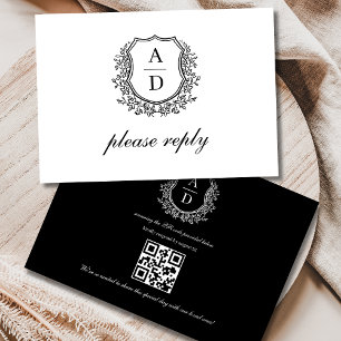 Cartão RSVP Código QR White Crest Monograma Casamento Preto
