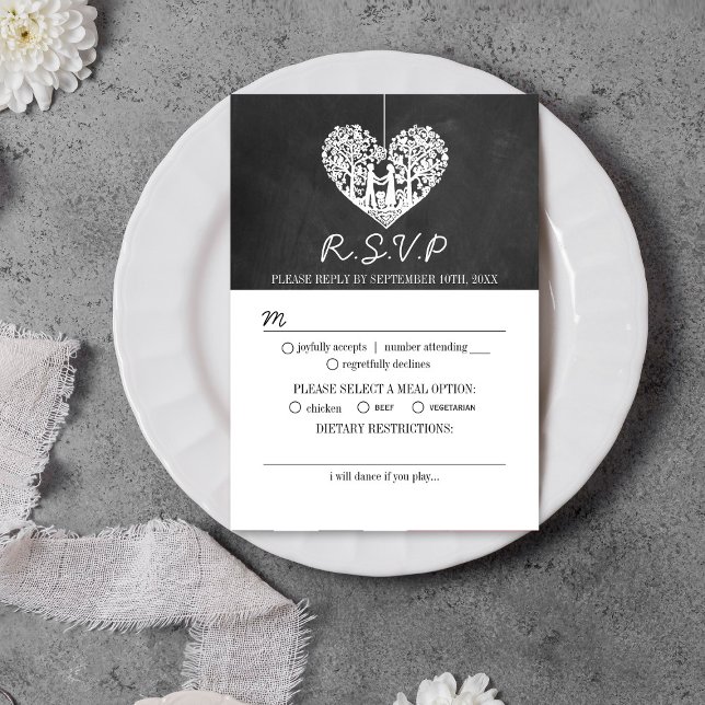 Cartão RSVP Coleção de Casamento de Chalkboard de Árvore Coraç (Criador carregado)