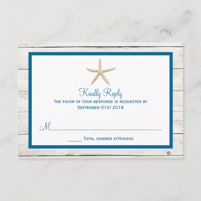 Cartão RSVP Coleção de Casamento na Praia com Madeira Pintada  (Frente)