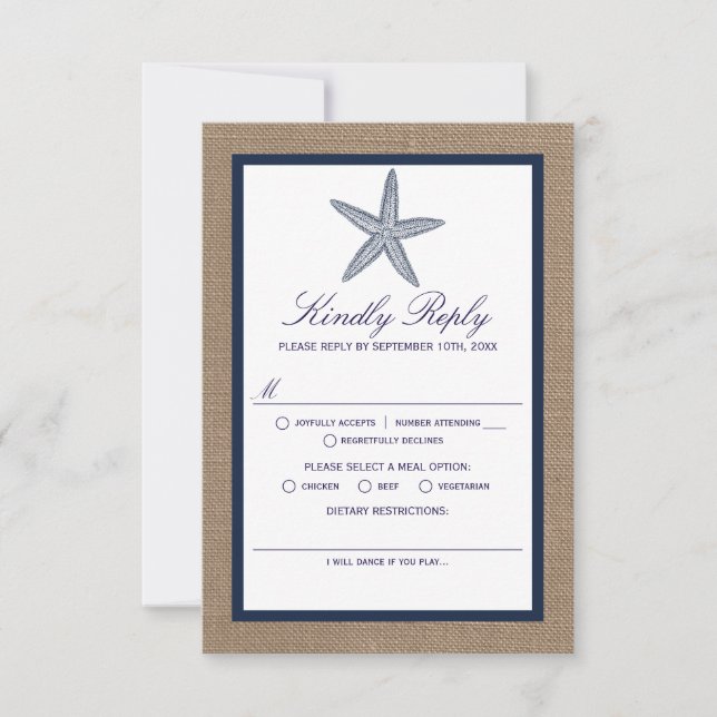 Cartão RSVP Coleção de Casamentos de Praia de Starfish Burlap, (Frente)