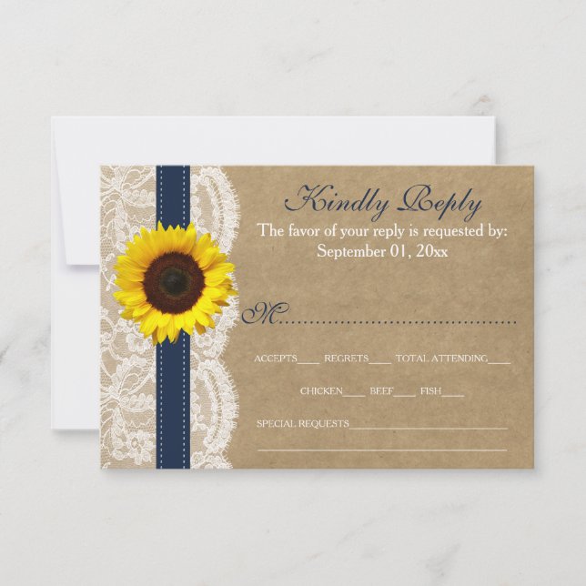Cartão RSVP Coleção Kraft, Lace & Sunflower - Marinho (Frente)