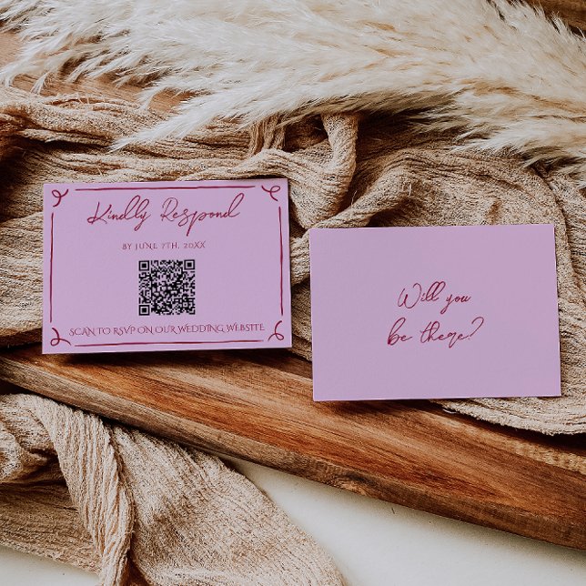 Cartão RSVP Colorful Raspberry Pink QR Code Fun Wedding (Criador carregado)