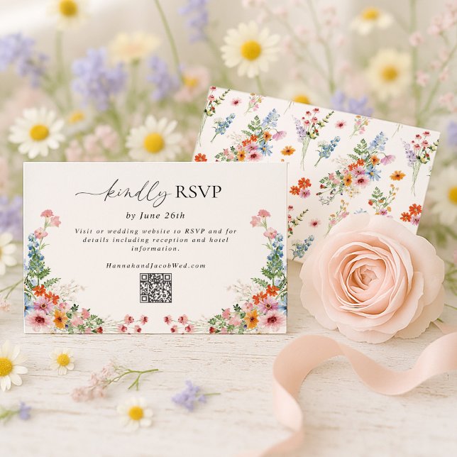 Cartão RSVP Colorful Wildflower QR Code Wedding (Criador carregado)