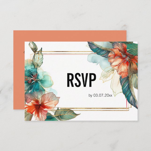 Cartão RSVP Com o código QR Hibiscus Serenade Paradise (Frente/Verso)