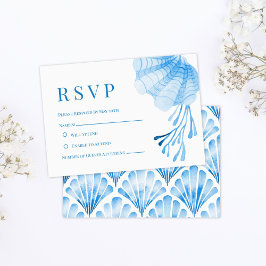 Cartão RSVP Conchas e Coral em Aquarela Azul