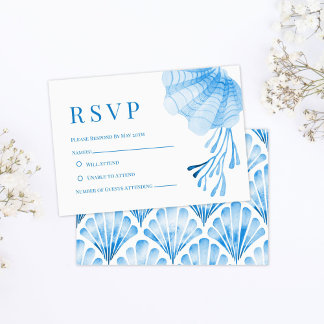 Cartão RSVP Conchas e Coral em Aquarela Azul