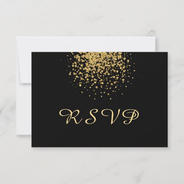 Cartão RSVP Confetti Dourado moderno a preto (Frente)