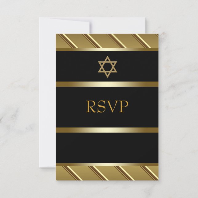 Cartão RSVP Confirmação de Bar Mitzvah Preto e Dourado (Frente)