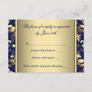 Cartão RSVP Confirmação de Casamento Azul Royal e Dourado