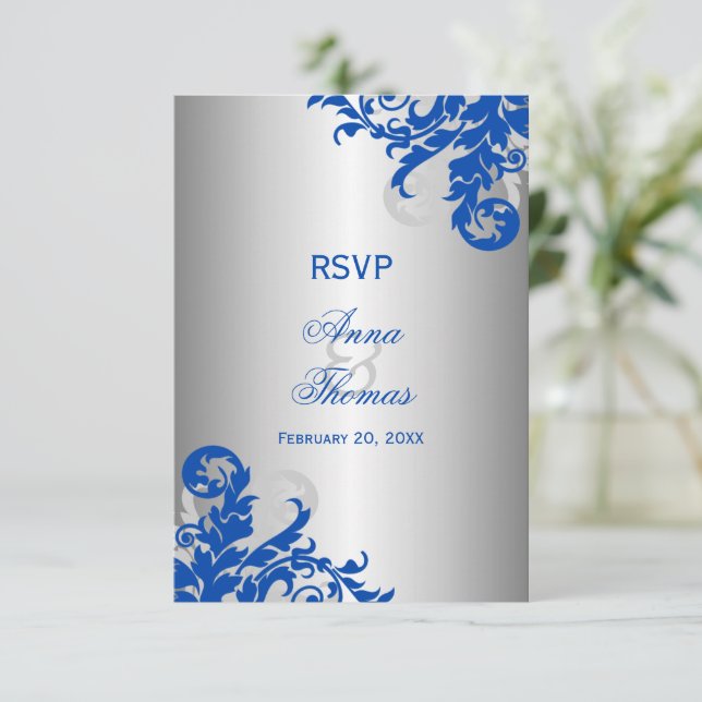 Cartão RSVP Confirmação de Casamento com Florescimento Azul Re (Em pé/Frente)
