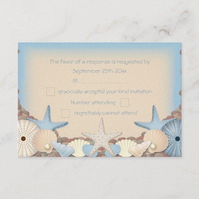 Cartão RSVP Confirmação de Casamento Conchas de Praia Tropical (Frente)