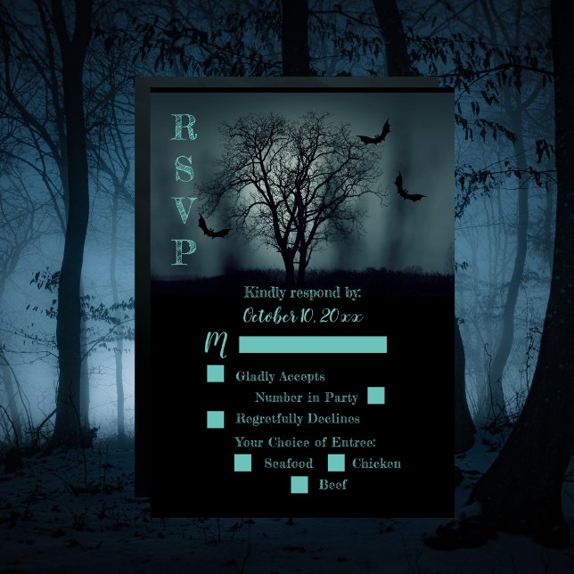 Cartão RSVP Confirmação de Casamento de Halloween dos Morcegos (Eerie Tree Bats Halloween Wedding RSVP)