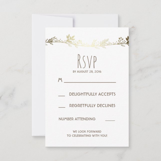 Cartão RSVP Confirmação de Casamento Floral Branco e Dourado (Frente)