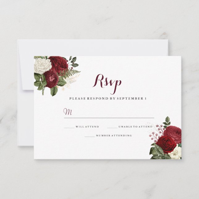 Cartão RSVP Confirmação de Casamento Floral Vermelho Borgonha  (Frente)