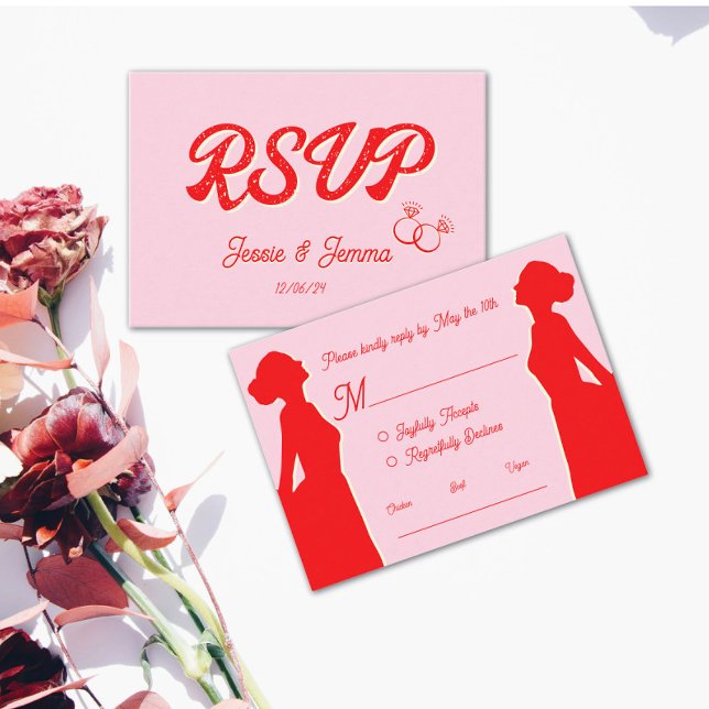 Cartão RSVP Confirmação de Casamento Lésbico Rosa e Vermelho M (Criador carregado)