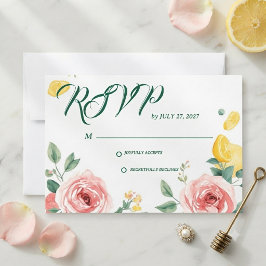 Cartão RSVP Confirmação de Casamento Rosa e Limão com Toque Me
