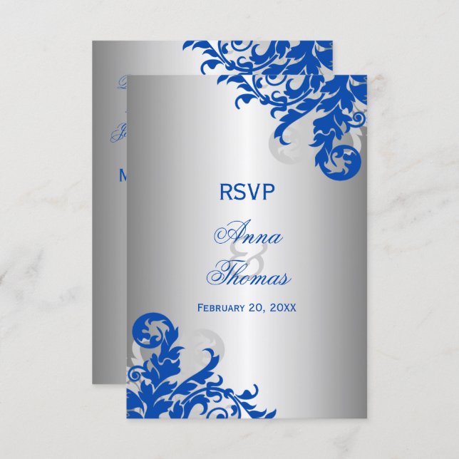 Cartão RSVP Confirmação de Casamento Royal Blue e Floreio Prat (Frente/Verso)
