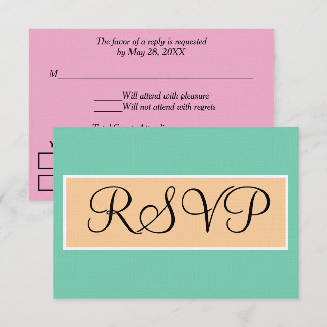 Cartão RSVP Confirmação de Casamento Verde Marinho Rosa (Frente/Verso)