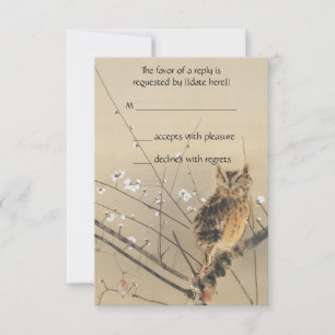 Cartão RSVP Confirmação de Casamento Vintage, Coruja Japonesa 
