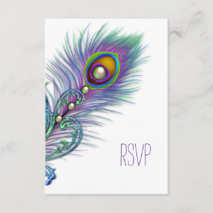 Cartão RSVP Confirmação de presença de pavão roxo e azul-teal