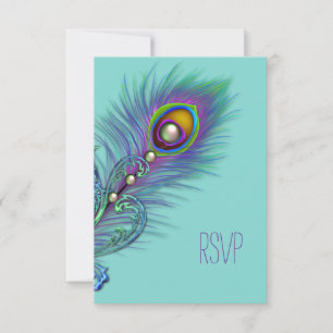 Cartão RSVP Confirmação de presença de pavão roxo e azul-teal