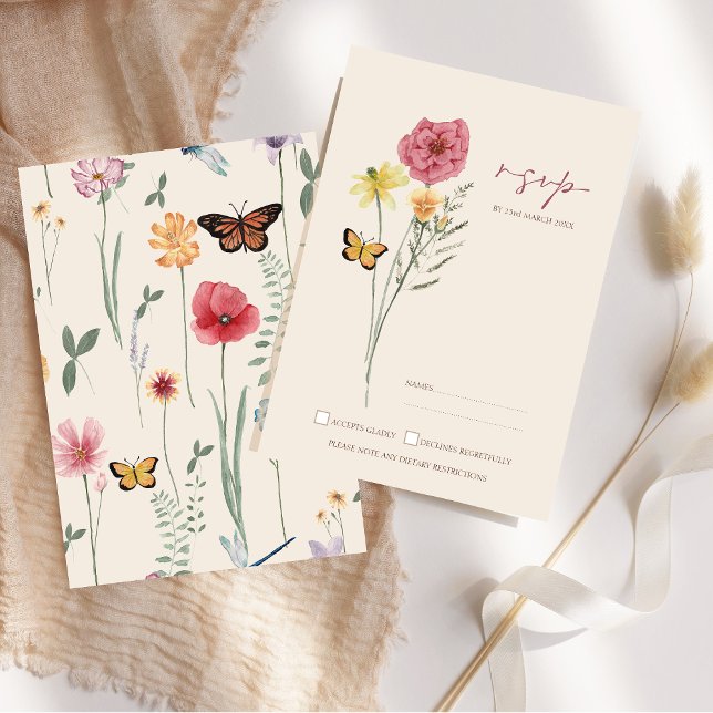 Cartão RSVP Confirmação de Presença para Casamento Caprichoso  (Pink Yellow Wildflower Whimsical Wedding RSVP Card)