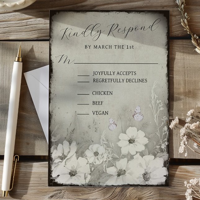 Cartão RSVP Confirmação de Presença para Casamento com Borbole (Sepia Rustic Butterfly Wildflower Wedding RSVP)