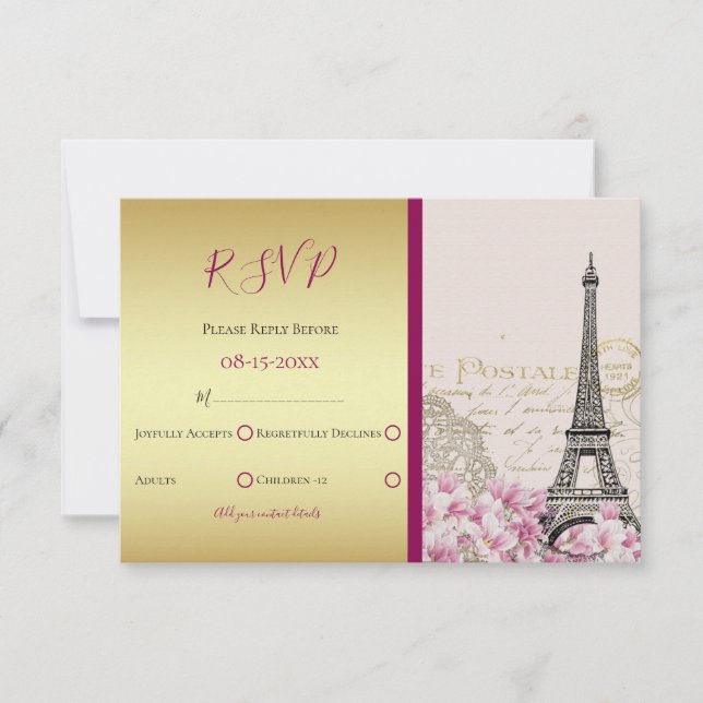 Cartão RSVP Confirmação de Presença para Casamento em Paris na (Frente)