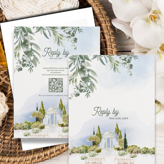 Cartão RSVP Confirmação de Presença para Casamento no Pavilhão (Estate Garden Pavilion Wedding RSVP Card with QR Code | Watercolor Garden Venue Reply Card)
