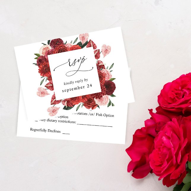Cartão RSVP Confirmação de Refeição com Floral Vermelho (Criador carregado)