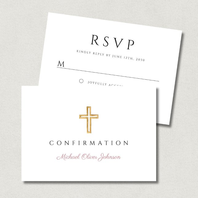 Cartão RSVP Confirmação Menina Cruz Religiosa Rosc Script (Pink Script Religious Cross Girl Confirmation RSVP Card)