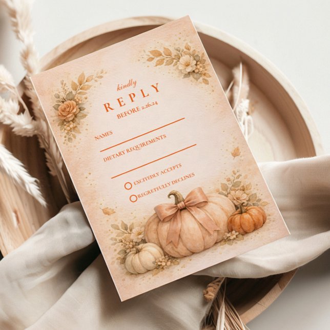 Cartão RSVP Coquette Bow Pumpkin Fall Wedding (Criador carregado)