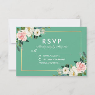 Cartão RSVP Cor da Água, Cor Floral, Rosa, Branco, Dourado, Ne