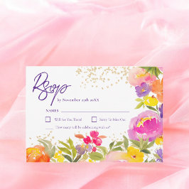 Cartão RSVP Cor de água floral, cor-de-rosa, de ouro roxo