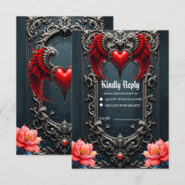 Cartão RSVP Coração Alado Carmesim Romance Gótico Elegante .