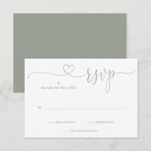 Cartão RSVP Coração de Letra Elegante Verde Sage Moderno