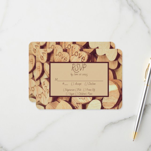 Cartão RSVP Coração de Madeira Rústica (Frente/Verso In Situ)