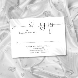 Cartão RSVP Coração de roteiro elegante preto e branco