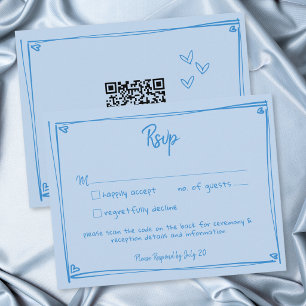 Cartão RSVP Coração Desenhado à Mão Azul Casamento Moderno QR