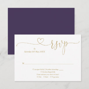 Cartão RSVP Coração Elegante em Roxo e Dourado com Letra de Fo